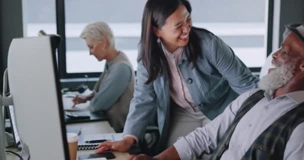 Business, manager training employee and talking for system, schedule and office. Black man, Asian woman and laughing with new trainee, smile and intern for online analysis, or international workplace. - Footage, Video