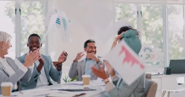Business people, throwing paper or success meeting in winner planning, growth goals or target winning motivation. Happy smile, flying documents or excited diversity teamwork in high five celebration. - Filmagem, Vídeo