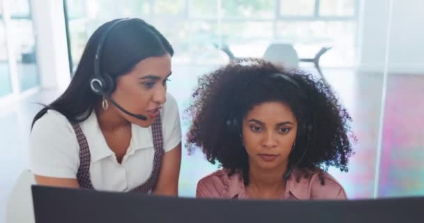 Business, women and call center with employee, manager and conversation for process, system and workplace. Female agents talking, headset and coworkers for customer support, telemarketing and support. - Video