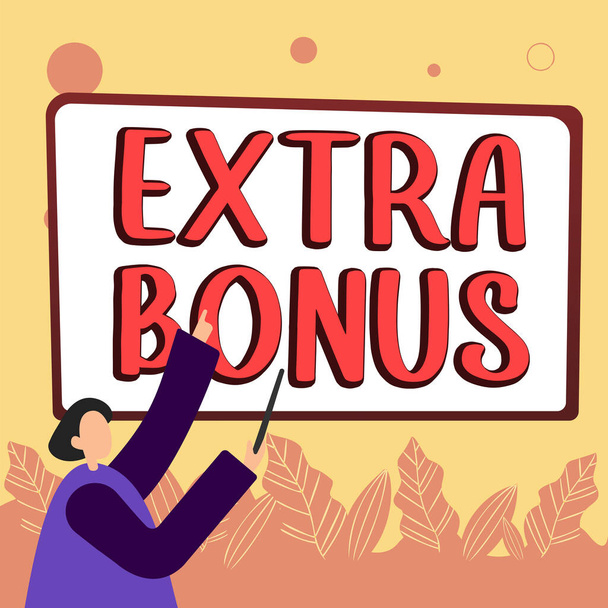 Schreiben der Anzeige von Text Extra Bonus, Business-Ansatz eine zusätzliche Menge Geld, das zu irgendjemandes Gehalt hinzugefügt wird - Foto, Bild