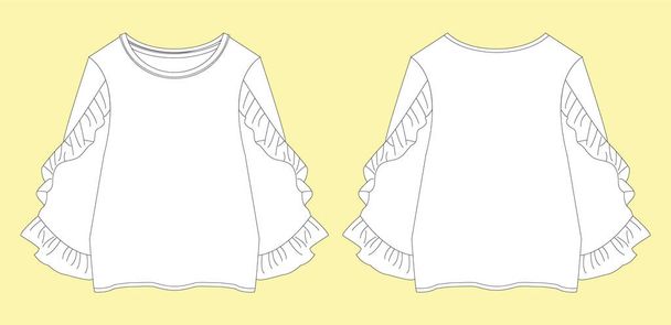 BLOUSE design, Fashion Flat Sketch, apparel template. Ruffle trims top. - Vector, Image