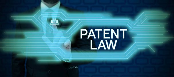 Text caption presenting Patent Law, Concept meaning deals with an inventors exclusive right to use own invention - Foto, Imagen