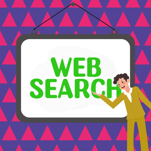 Podpis koncepcyjny Web Search, Word Wpisany na systemie oprogramowania przeznaczonego do wyszukiwania informacji w internecie - Zdjęcie, obraz