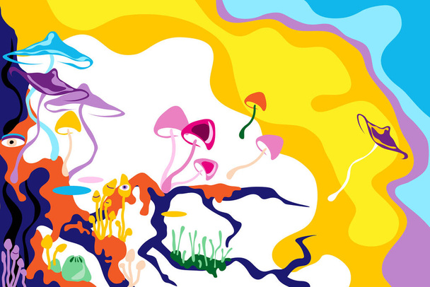 Különböző fantázia pszichedelikus színes gombák többszínű háttérrel. Vektorlapos illusztráció. - Vektor, kép