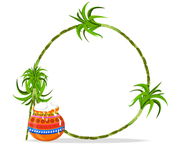Южноиндийский фестиваль урожая приветственный фон. Иллюстрация красивой кастрюли с сахарным тростником на белом фоне. - Вектор,изображение