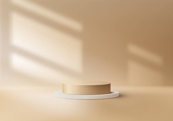 3D realistické bílé a zlaté pódium stojan podstavec s okenní osvětlení na zlatém pozadí ateliéru. Můžete použít pro prezentaci luxusních produktů, kosmetický displej, vitrínu apod. Vektorová ilustrace - Vektor, obrázek