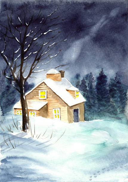 Illustration aquarelle d'un paysage hivernal enneigé avec une maison en bois aux fenêtres lumineuses, une forêt de conifères et une prairie enneigée - Photo, image