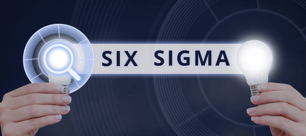 Teksti merkki osoittaa Six Sigma, Liiketoiminnan yleiskatsaus hallintatekniikoita parantaa liiketoimintaprosesseja - Valokuva, kuva