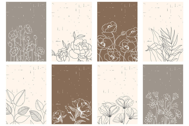 Een set ansichtkaarten, posters voor bruiloften en Valentijnsdag. Line art bloemen en planten op vintage textuur. Sjablonen, vector - Vector, afbeelding