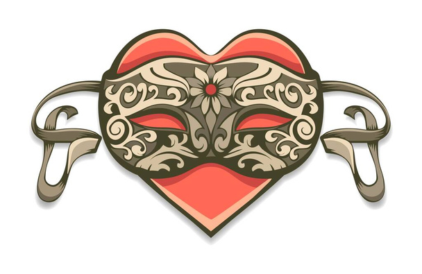 Red heart in vintage decorative venetian mask for carnival. Isolated on white background. Vector illustration - Vector, Image