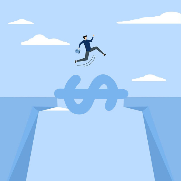 Money to save, support business to survive, businessman jump over cliff gap with dollar sign bridge, financial aid solution to get through crisis, budget or loan repayment concept. - Vetor, Imagem
