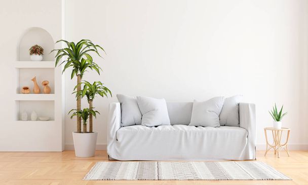 Γκρι καναπές σε λευκό σαλόνι με χώρο αντιγραφής, 3D rendering - Φωτογραφία, εικόνα