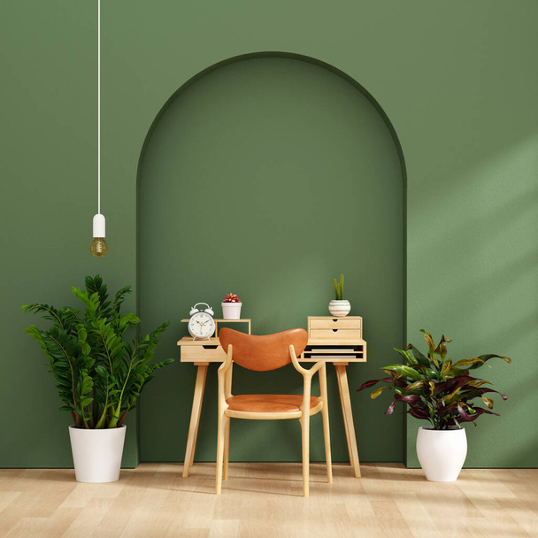 Bureau en stoel in groene woonkamer interieur met kopieerruimte, 3D-weergave - Foto, afbeelding