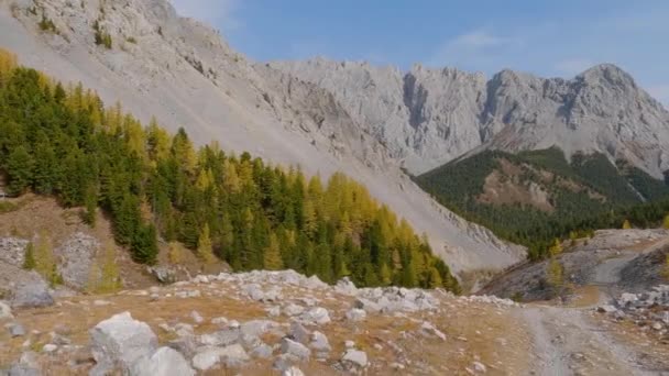 Traveling through rocky mountain with the trees growing on the side on a sunny day. Rock hills in a rural countryside road.  - Filmagem, Vídeo