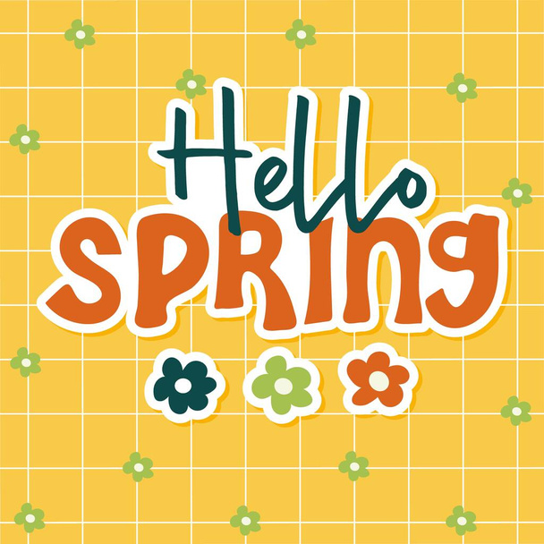 Hello spring. Handwritten slogan on checkered background - Vector, imagen