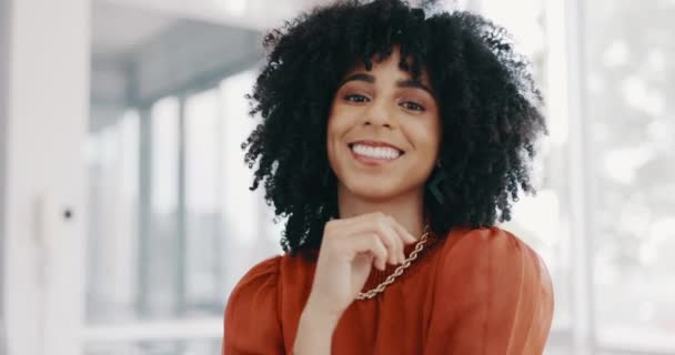 Face, vision and mindset with a business black woman sitting at a desk with her hand on her chin. Portrait, happy and smile with a female employee thinking about future growth or company development. - Video