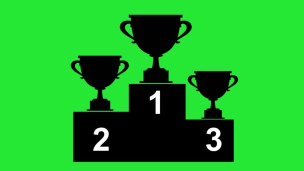 animation icon of first, second and third place, with black silhouettes of cups. On a green chrome key background - Imágenes, Vídeo