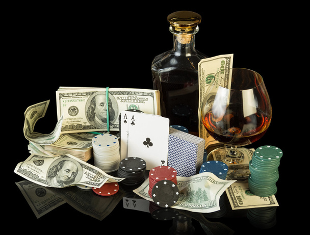 Poker chips and dollar bills - Фото, изображение