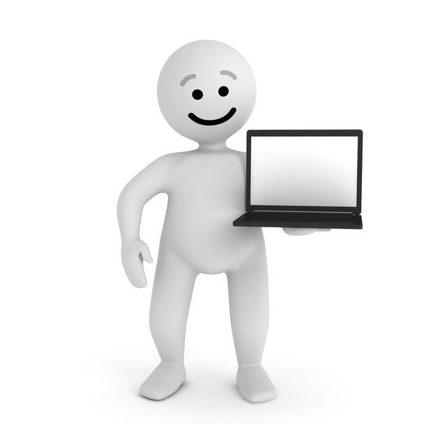 Funny smile character with laptop - Zdjęcie, obraz