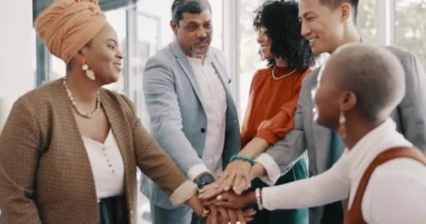 Teamwork, collaboration hands and applause of business people for support, trust and team building. Motivation, success and group of employees in huddle clapping in celebration of goals or targets - Filmagem, Vídeo