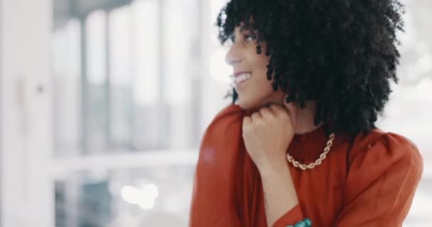 Face, vision and mindset with a business black woman sitting at a desk with her hand on her chin. Portrait, happy and smile with a female employee thinking about future growth or company development. - Felvétel, videó