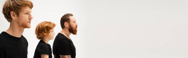 side view of bearded men and red haired kid in black t-shirts isolated on grey, banner - Foto, immagini