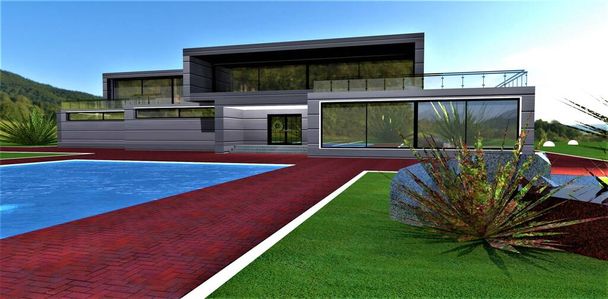 Wonderful country estate with a well-groomed adjacent territory. Pedestrian paths made of tinted brick tiles. Green lawn and landscaping. 3d rendering. - Foto, Imagen