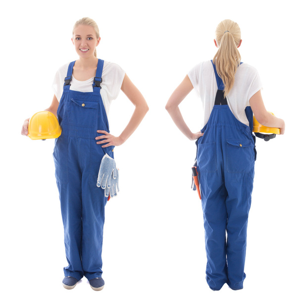 front and back view of happy woman in blue builder uniform holdi - Photo, Image