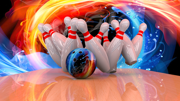 3d render of a bowling ball crashing into the pins - Photo, Image