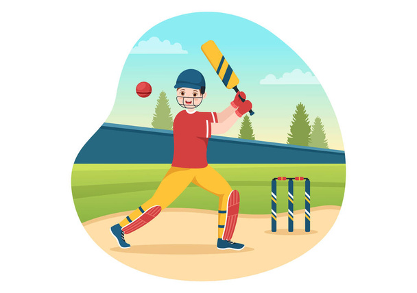 Batsman spelen Cricket Sport Illustratie met vleermuizen en ballen in het veld voor het kampioenschap in platte cartoon hand getrokken sjablonen - Vector, afbeelding