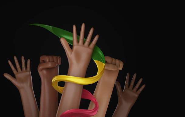 People raising their fists on black background Black history month, brown hands, african american, equality sign. 3d render illustration - Foto, Imagen