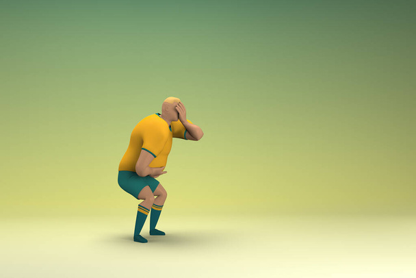 Egy sportoló sárga ingben és zöld nadrágban. Szomorú vagy fájdalmai vannak. 3D-s renderelés rajzfilm karakter színészi. - Fotó, kép
