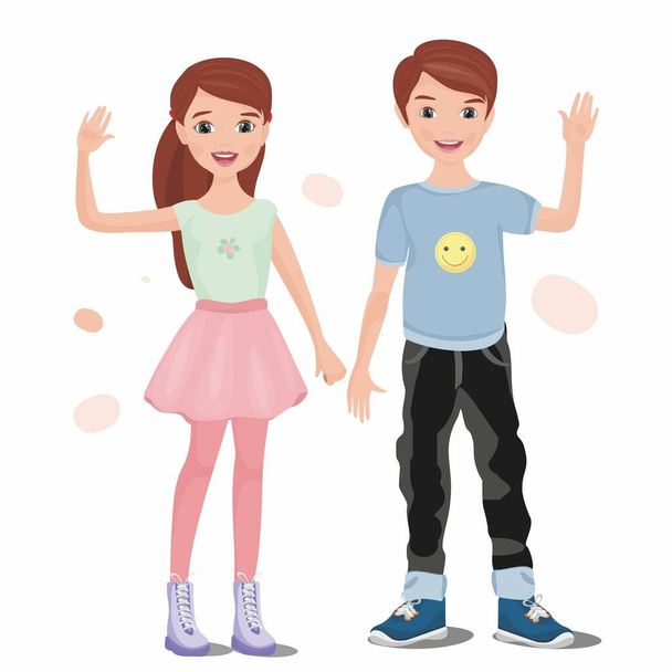 Cartoon beautiful boy and girl. Isolated on white background. The girl and the boy happily wave their hands. Vector flat illustration. - Vektor, kép
