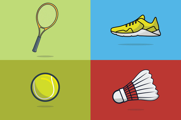Badminton and Tennis Ball - векторна ілюстрація для спортивних ігор. Ікона спортивних об'єктів. Badminton, Tennis Ball, Shoe and Racket sports icon - Вектор, зображення