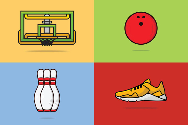 Set of Bowling Ball, Bowling Pins, Shoe and Basket Ball Hoop and Ring sports elements vector illustration. Символічна концепція спортивних об'єктів. Ікона спортивного спорядження.. - Вектор, зображення