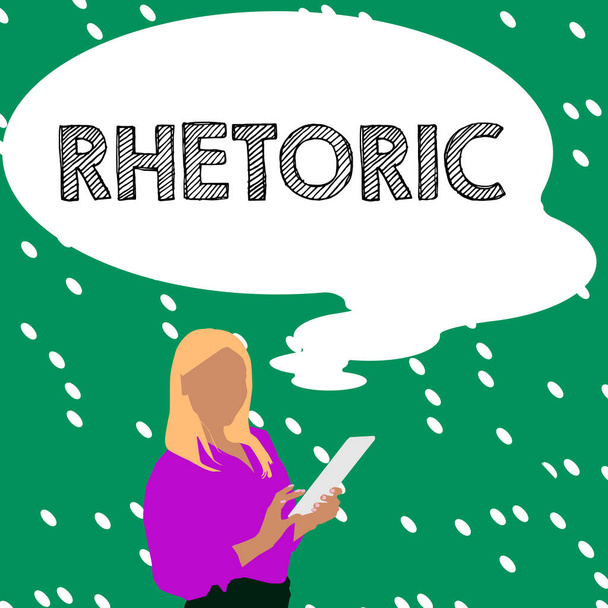 Tekst bijschrift presenteren Rhetoric, Business showcase studie van het schrijven of spreken als middel van communicatie of overtuiging - Foto, afbeelding