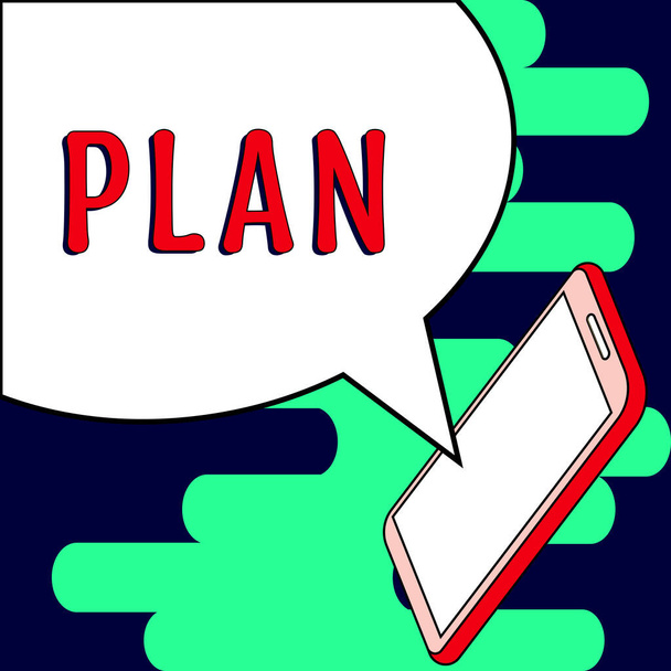 Textschild mit Plan, Internetkonzept Beginn eines detaillierten Vorschlags, etwas zu tun oder zu erreichen - Foto, Bild
