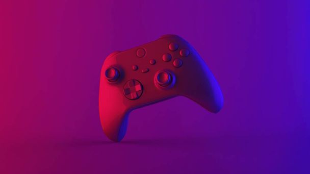 Неоновый свет роскошный стиль игры консоли контроллер в красный фиолетовый и блю градиентный цвет свободный стоя 3d иллюстрации изометрическая камера - Фото, изображение