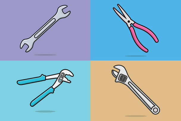 Cutting Pliers, Adjustable Water Pump Pliers, Wrench and Adjustable Wrench Working tools vector illustration. Collection of Construction and Mechanic working elements, car repairing service icons. - Vecteur, image
