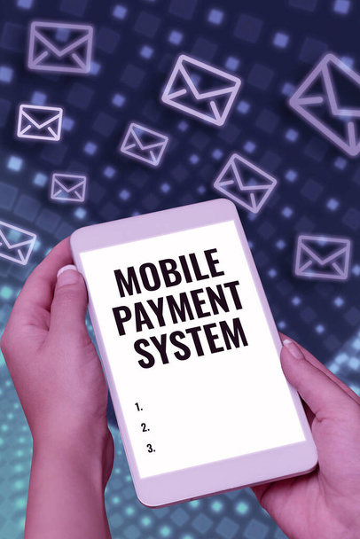 Подпись к тексту, представляющая мобильную платежную систему, бизнес-концепцию Платежная услуга, выполненная с помощью мобильных устройств - Фото, изображение