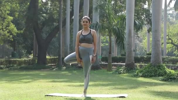 Видео индийской женщины, практикующей йогу в позе дерева. - Кадры, видео