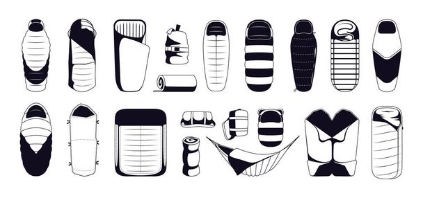 Black sleeping bag icons. Simple monochrome silhouettes of comfortable travel sleep bedding equipment, trip camping mat rolls. Vector collection of bags for sleep illustration - Vector, Imagen