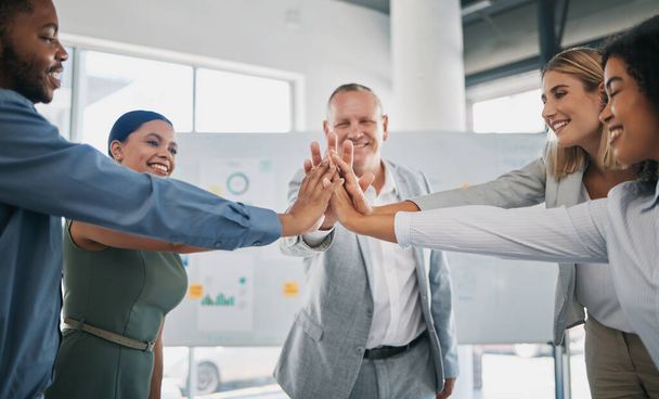 High five, diversity team celebration and business people celebrate financial profit success. Team building meeting, infographics or worker collaboration workforce happy with target goals achievement. - Photo, Image