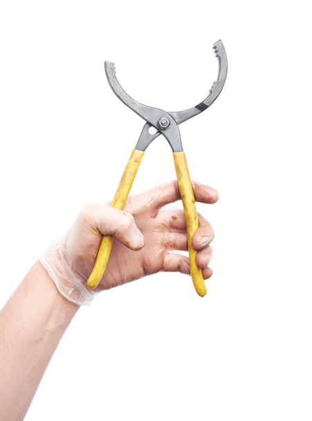 Workers caucasian male hand holding tool - 写真・画像