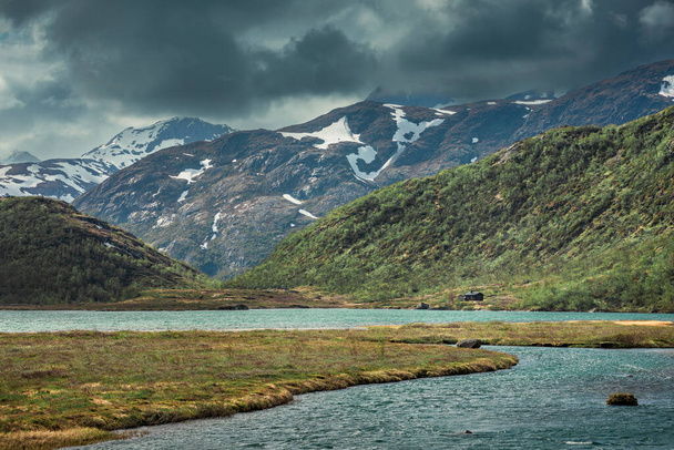 River in mountain landscape at Knutshoe in Jotunheimen National Park in Norway - Fotó, kép