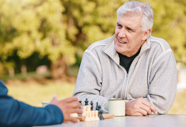 Schaken, natuur en pensioen met senioren die een bordspel spelen terwijl ze in de zomer buiten spelen. Park, strategie en spel met een volwassen man en vriend na te denken over de mentale uitdaging. - Foto, afbeelding