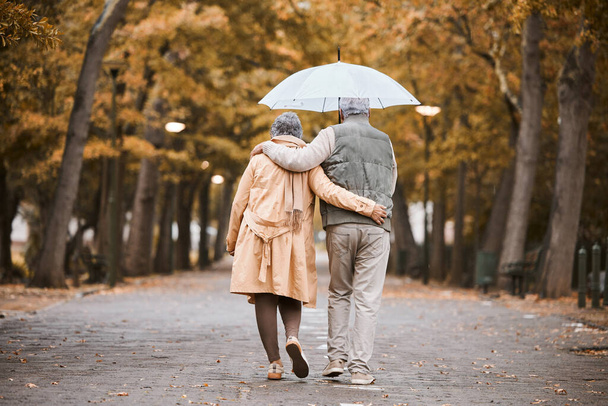Elderly, couple walk in park with umbrella and fresh air, outdoor in nature in fall for exercise and retirement together. Hug, love and care with trees, senior man and woman in New York back view - Photo, Image