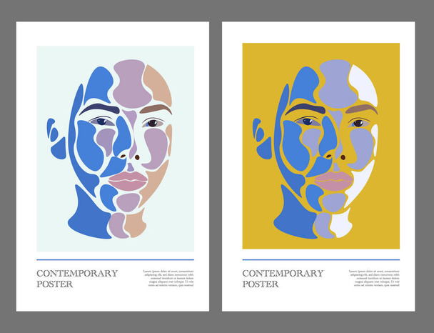 Set of minimalist contemporary modern portraits of bohemian womens beauty surreal faces. Art design posters, postcards, flyers, and brochures. wall art illustration design vector. creative shapes and - Vecteur, image