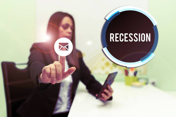 Sign displaying Recession, Business concept the process of progressive decrease in growing, period of reduction - Foto, imagen