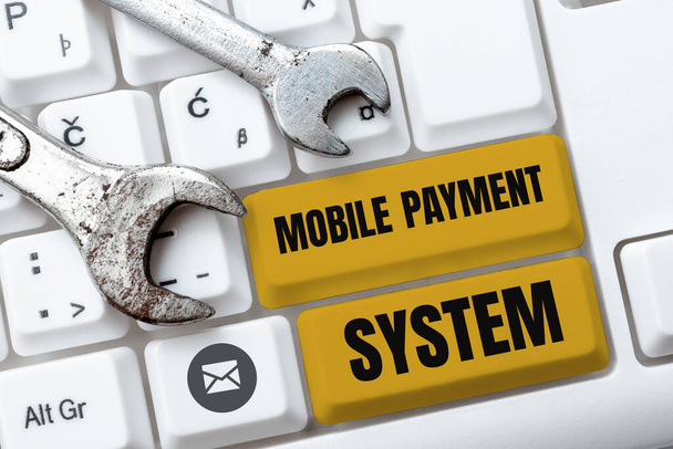 Подпись под текстом "Мобильная платежная система", услуга "Платежи через Интернет", выполненная через мобильные устройства - Фото, изображение